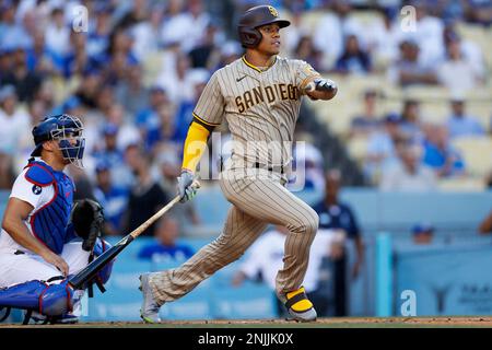 San Diego Padres right fielder Juan Soto (22) does the Soto Shuffle  during a MLB baseball game against the Los Angeles Dodgers, Saturday,  August 6, 2022, in Los Angeles. The Dodgers defeated