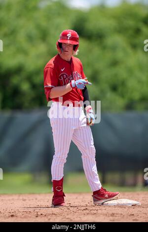 FCL Phillies outfielder Jordan Viars (33) catches a fly ball during a  Florida Complex League baseball game against the FCL Blue Jays on July 2,  2022 at the Carpenter Complex in Clearwater