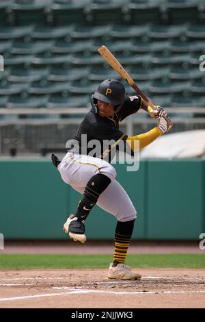 FCL Pirates Termarr Johnson (5) bats in the top of the first inning during  a Florida Complex League baseball game against the FCL Red Sox on August 9,  2022 at JetBlue Park in Fort Myers, Florida. Johnson was making his  professional debut after being