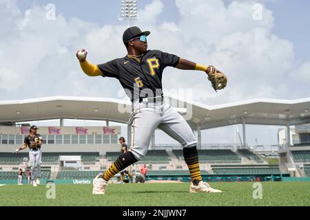 FCL Pirates Termarr Johnson (5) bats in the top of the first inning during  a Florida Complex League baseball game against the FCL Red Sox on August 9,  2022 at JetBlue Park in Fort Myers, Florida. Johnson was making his  professional debut after being