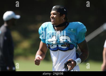 SPARTANBURG, SC - AUGUST 09: Carolina Panthers wide receiver DJ Moore (2)  during the Carolina Panthers training camp on August 09, 2022, at Wofford  College in Spartanburg, SC. (Photo by John Byrum/Icon