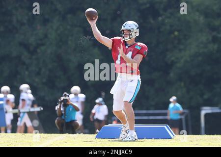 SPARTANBURG, SC - AUGUST 09: Carolina Panthers wide receiver DJ Moore (2)  during the Carolina Panthers training camp on August 09, 2022, at Wofford  College in Spartanburg, SC. (Photo by John Byrum/Icon