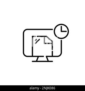 Monitor desktop PC with file and clock. Working hour schedule. Pixel perfect, editable stroke icon Stock Vector