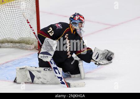 Cleveland Monsters goalie Jet Greaves in goal during the first period  News Photo - Getty Images