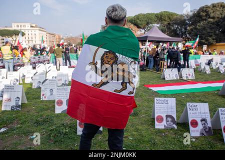 Rome, Italy. 22nd Feb, 2023. A protest in Piazza San Giovanni was organized by a community of Iranians living in Rome to protest against killings by the Iranian army. (Credit Image: © Matteo Nardone/Pacific Press via ZUMA Press Wire) EDITORIAL USAGE ONLY! Not for Commercial USAGE! Stock Photo
