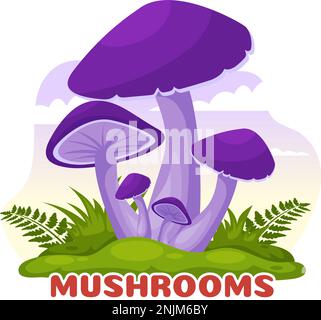 Mushrooms Illustration with Different Mushroom, Grass and Insects for Web Banner or Landing Page in Flat Cartoon Hand Drawn Templates Stock Vector