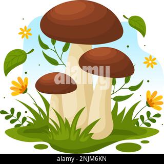 Mushrooms Illustration with Different Mushroom, Grass and Insects for Web Banner or Landing Page in Flat Cartoon Hand Drawn Templates Stock Vector