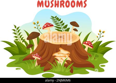 Mushrooms Illustration with Different Mushroom, Grass and Insects for Web Banner or Landing Page in Flat Cartoon Hand Drawn Templates Stock Vector