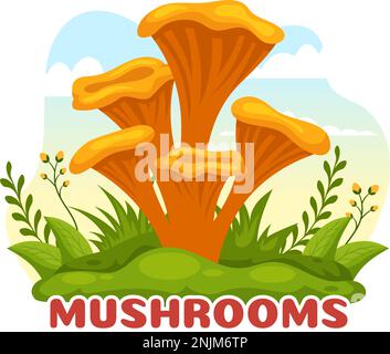 Mushrooms Illustration with Different Mushroom, Grass and Insects for Web Banner or Landing Page in Flat Cartoon Hand Drawn Templates Stock Vector