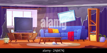 Abandoned messy living room interior with dirty sofa cartoon vector illustration. Broken tv and furniture, disorder at home chaos and untidy couch background. Empty cluttered apartment, office lounge Stock Vector