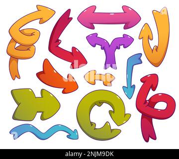 Set of quirky arrows isolated on background. Vector illustration of contemporary cartoon spiral, round, twisted pointers for app ui design. Bright playful game png collection, turn or direction symbol Stock Vector