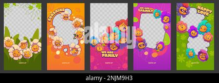 Groovy social media frame cartoon vector set. Png retro story template with happy flower character in y2k style. Vintage poster layout with chamomile face for promo and advertising. Stock Vector