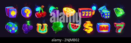 Cartoon set of slot game icons isolated on background. Vector illustration of gambling luck symbols. Colorful cards, pocker chips and dice, horseshoe. dollar sign, diamond and fruit for gui design Stock Vector