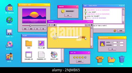 Retro software windows on computer desktop. Vector illustration of chat messenger, media player, internet connection, login, system error warning boxes, folder and document icons. 90s style design Stock Vector