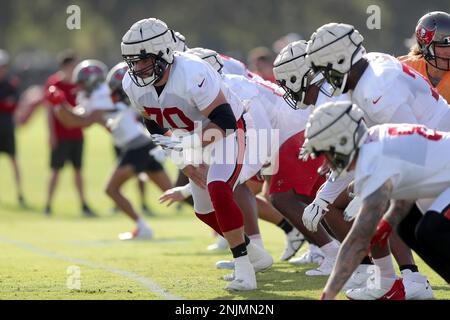 Tampa Bay Buccaneers center Robert Hainsey (70) in action during the second  half of an NFL football game against the Minnesota Vikings, Sunday, Sept.  9, 2023 in Minneapolis. (AP Photo/Stacy Bengs Stock