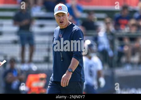 LAKE FOREST, IL - MAY 24: Chicago Bears head coach Matt Eberflus looks on  during the the Chicago Bears OTA Offseason Workouts on May 24, 2022 at  Halas Hall in Lake Forest