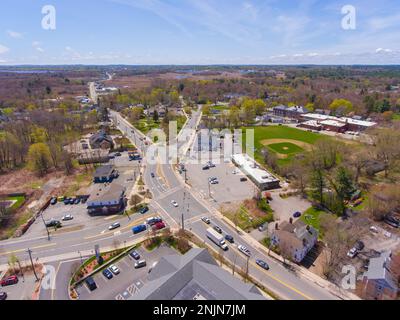 Salisbury town center aerial view including Town Hall, Town Common and ...