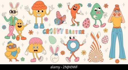 Groovy hippie Happy Easter set. Easter bunny, eggs, butterflies, cupcakes, chickens. Set of cartoon characters and elements in trendy retro 60s 70s ca Stock Vector