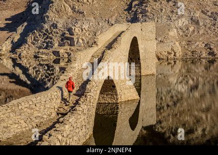 Querós medieval bridge, in the Susqueda reservoir, submerged after the construction of the reservoir and it can be seen in periods of strong drought Stock Photo