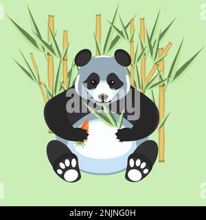 Panda in the bamboo bush eating carrot and leaves in flat technique vector illustration Stock Vector