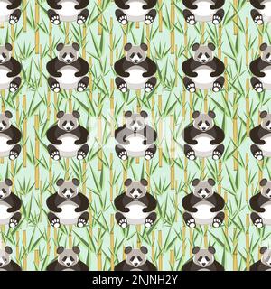Seamless animalistic floral pattern with pandas and bamboo leaves in flat technique vector illustration Stock Vector