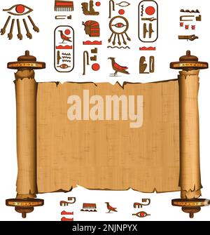 Ancient Egypt hieroglyphs and wooden rods for papyrus scroll cartoon ...