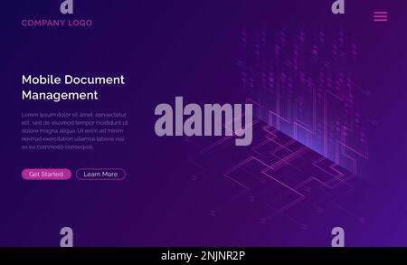Big data waterfall or cascade, digital binary code data flow analysis visualization, isometric vector illustration. Ultraviolet horizontal banner with streams of numbers, landing page template. Stock Vector