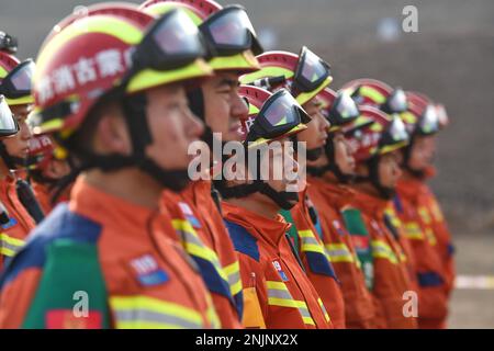 Alxa League, China's Inner Mongolia Autonomous Region. 23rd Feb, 2023. Rescue workers gather at the site of a collapsed coal mine in Alxa League, north China's Inner Mongolia Autonomous Region, Feb. 23, 2023. More than 900 people had rushed to the site for rescue operations after an open-pit mine collapsed in Alxa Left Banner at around 1 p.m. Wednesday, resulting in two deaths, six injuries, and 53 people missing. Credit: Bei He/Xinhua/Alamy Live News Stock Photo