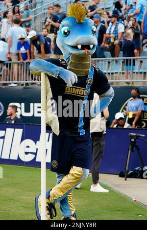 CHESTER, PA - JULY 16: Phang, the Philadelphia Union mascot, performs prior  to the Major League Soccer Match between the New England Revolution and Philadelphia  Union on July 16, 2022, at Subaru