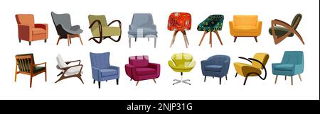 Set of different mid century modern armchairs. Stock Vector