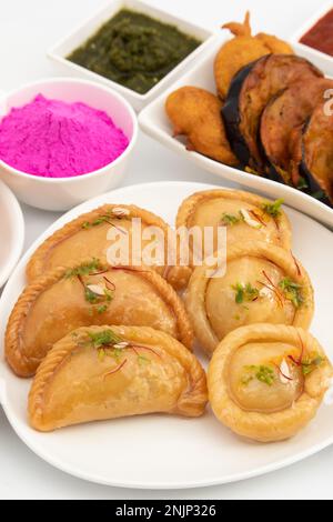 Chandrakala And Gujiya Mithai Also Called Suryakala, Gujia, Pirukiya, Pirukia, Pedakiya, Karanji, Basundi, Gughra Is Made Of Suji Ghee, Mawa Khoya Cha Stock Photo