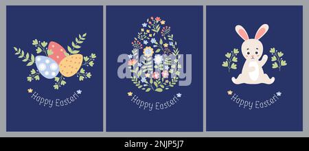 Collection Easter cards Happy Easter. Cute bunny, easter eggs and large decorative flower egg. Vertical vector illustration in flat style on blue back Stock Vector