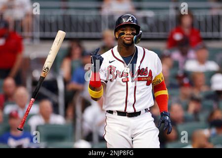 ATLANTA, GA - JULY 12: Atlanta Braves right fielder Ronald Acuna Jr. (13)  flips his bat after drawing a walk during an MLB game against the New York  Mets on July 12, 2022 at Truist Park in Atlanta, Georgia. (Photo by Joe  Robbins/Icon Sportswire) (Icon