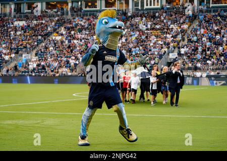 CHESTER, PA - JULY 15: Philadelphia Union mascot Phang entertains during  the game between New York City FC and the Philadelphia Union on July 15,  2023 at Subaru Park in Chester, PA. (