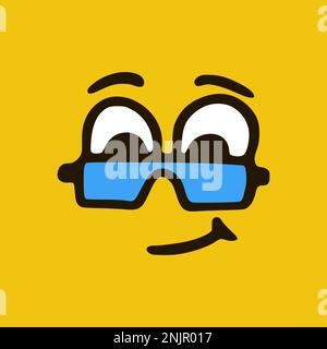 Funny face with glasses. Cartoon face expressions. Doodle characters mouth and eyes illustration. Stock Vector