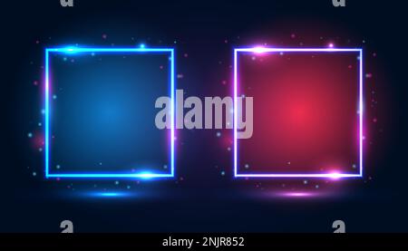 Square neon frames with shining effects, highlights and inscriptions on a dark blue background. Stock Vector