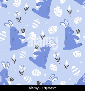 blue easter pattern with cute white hares with flowers and easter eggs Stock Vector