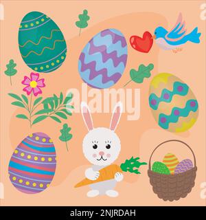 set of happy easter holiday with elements of eggs, holiday rabbit holding a carrot in his hands, bird, flower and easter basket Stock Vector