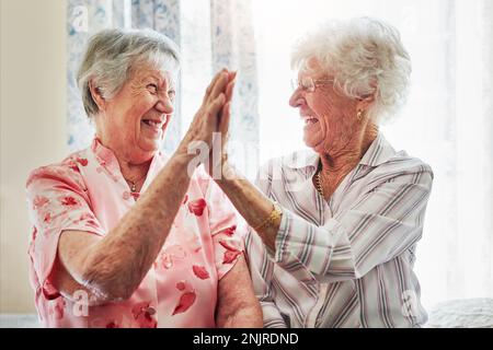 Good friends make the years golden. two happy elderly women giving each other a high five together at home. Stock Photo