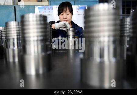 ZHANGJIAKOU, CHINA - FEBRUARY 23, 2023 - A worker works on a drilling tool  production line at Xuanhua Economic Development Zone in Zhangjiakou, Hebei  province, China, Feb 23, 2023. At present, there