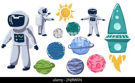 Alien planets vector cartoon set of space game user interface, ui or gui design. Fantasy galaxy universe planets and stars with craters, asteroids and Stock Vector