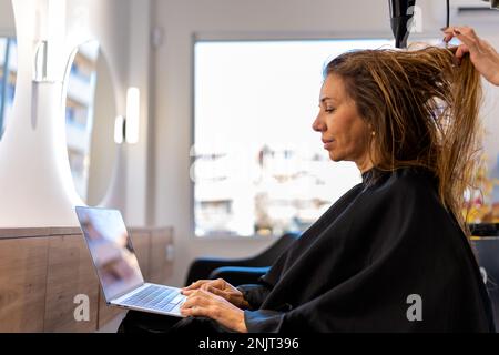 Side view of adult focused female in cape using netbook working remotely while crop hairdresser drying long hair Stock Photo