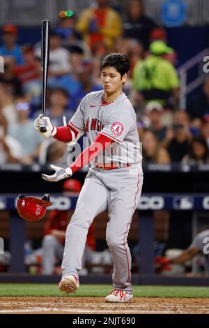 MIAMI, FL - JULY 05: Los Angeles Angels designated hitter Shohei Ohtani  (17) looks on in the dugout during an MLB game against the Miami Marlins on  July 5, 2022 at LoanDepot