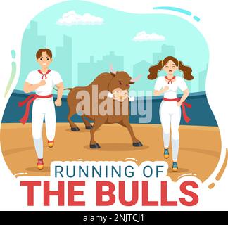 Running of the Bulls Illustration with Bullfighting Show in Arena in Flat Cartoon Hand Drawn for Web Banner or Landing Page Template Stock Vector