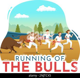 Running of the Bulls Illustration with Bullfighting Show in Arena in Flat Cartoon Hand Drawn for Web Banner or Landing Page Template Stock Vector