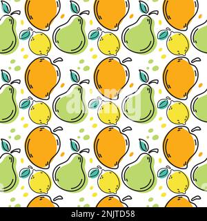 Seamless background with various tropical fruits on white. Fruit pattern vector. Stock Vector