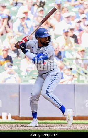 MILWAUKEE, WI - JUNE 26: Toronto Blue Jays outfielder George Springer (4)  at the plate during a game between the Milwaukee Brewers and Toronto Blue  Jays on June 26, 2022 at American