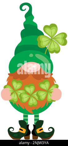 Saint Patrick s Day gnome with four leaf clovers Stock Photo