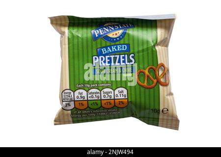 Packet of Penn State baked pretzels sour cream & chive isolated on white background Stock Photo