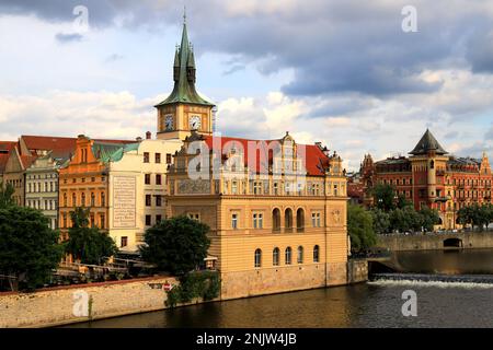 View from Charles Bridge to Museum of Smetana in Old Town Prague on Vltava River. The museum is dedicated to famous Czech composer Smetana. Stock Photo